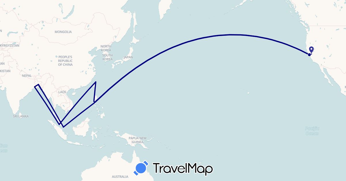 TravelMap itinerary: driving in Bangladesh, India, Malaysia, Philippines, Singapore, Taiwan, United States (Asia, North America)